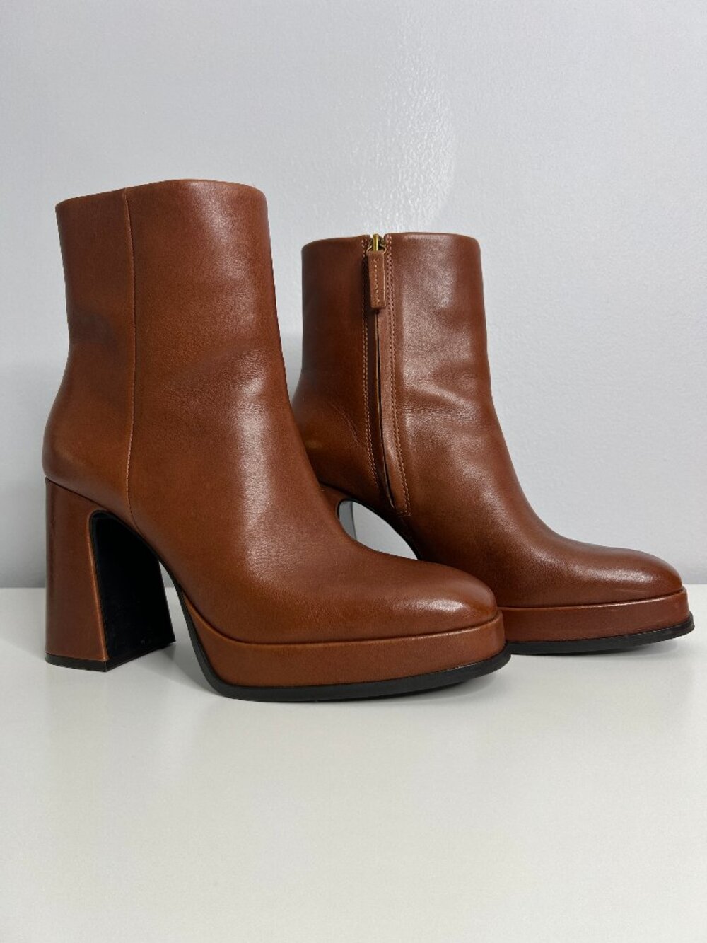 ASH Alyx Amber Brown Leather Platform Ankle Boots Square Toe Heel Size 7.5